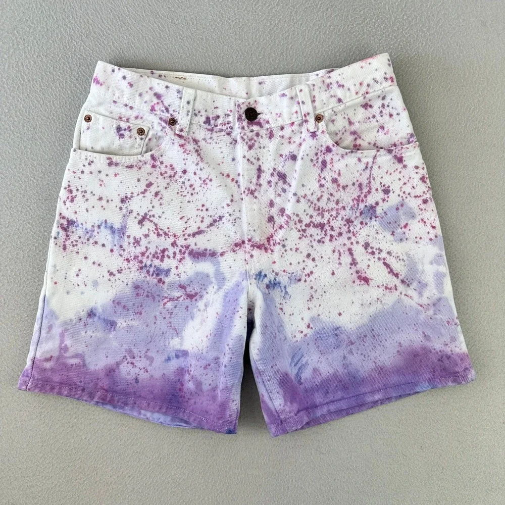 VTG Levi's 550 Relaxed Fit Shorts Women 11 White Tie Dye Splatter‎ Denim 90s USA